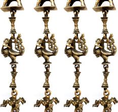 Brass Vintage Chain With Elephant, Oil Lamp and Peacock Figurine(Set Of 4 Pieces)